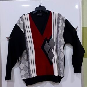 Franco Ponti Vtg Men's XL geo-color block Vneck Wool/Acrylic Sweater